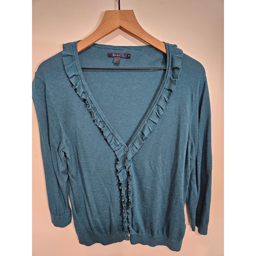Boden Teal Blue Ruffle V-Neck Cardigan Cotton Silk Cashmere Blend Size 10 WK518
